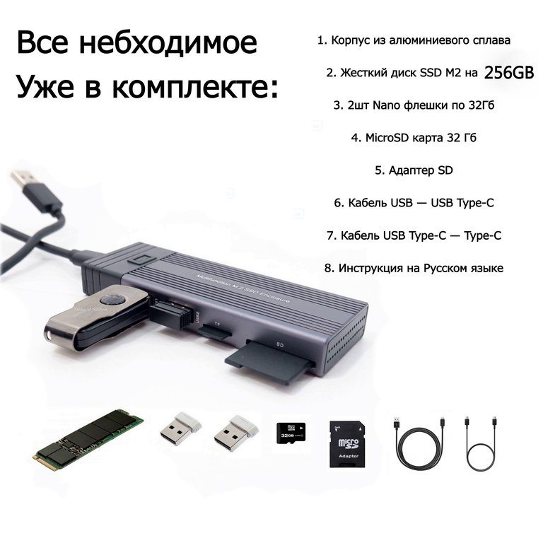 5в1! 256GB SSD M2 USB Type-C Внешний жесткий диск с встроенным USB Хабом и Кардридером. Всё в комплекте! Воткнул в ПК, Ноутбук, Смартфон — работает! - Pic n 308858