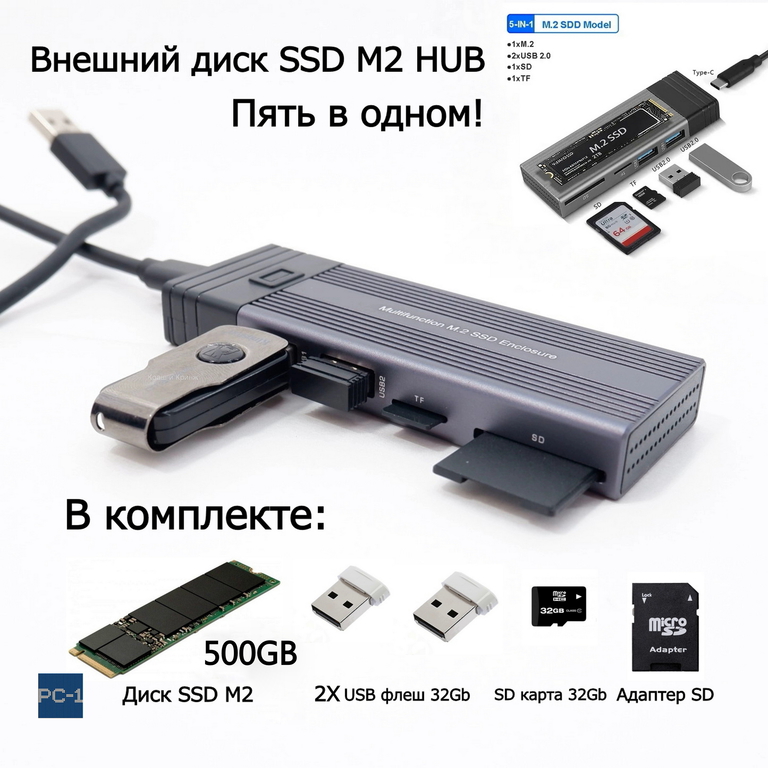 5в1! 500GB SSD M2 USB Type-C Внешний жесткий диск с встроенным USB Хабом и Кардридером. Всё в комплекте! Воткнул в ПК, Ноутбук, Смартфон — работает! - Pic n 308859