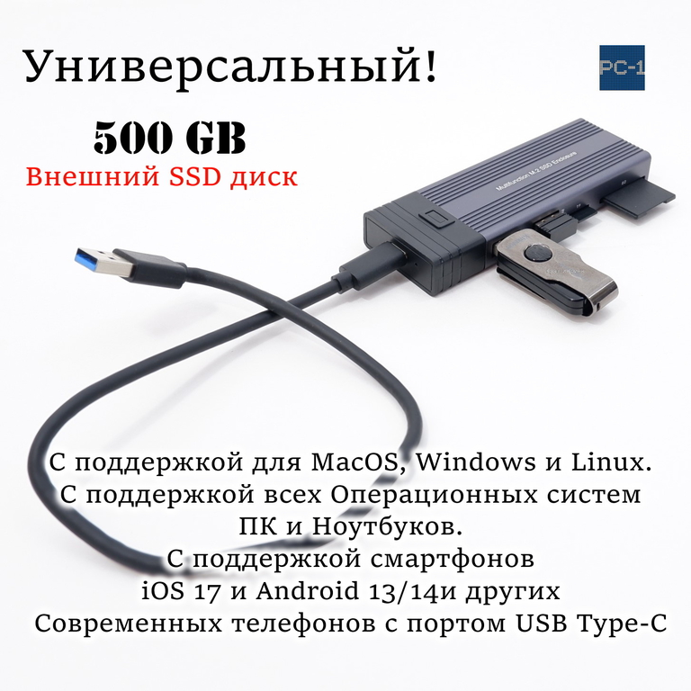 500GB Внешний SSD M2 твердотельный накопитель USB Type-C, с встроенным USB Hub разветвителем. Портативный, быстрый, надежный! - Pic n 308863