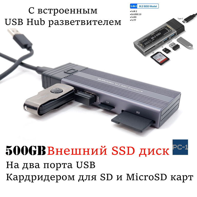 500GB Внешний SSD M2 твердотельный накопитель USB Type-C, с встроенным USB Hub разветвителем. Портативный, быстрый, надежный! - Pic n 308863