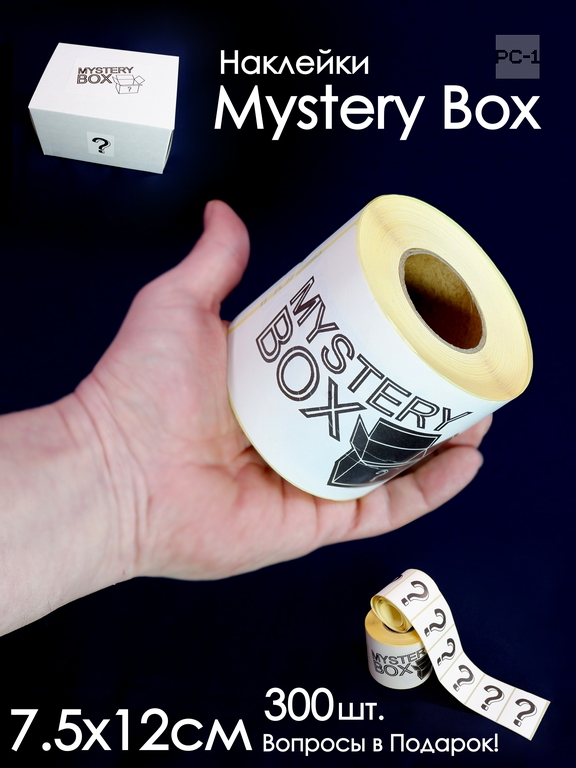 300шт. Наклейки Mystery Box 75х120мм стикеры самоклеящиеся белые с черным шрифтом для маркетплейсов для Сюрприз Бокса - Pic n 309112