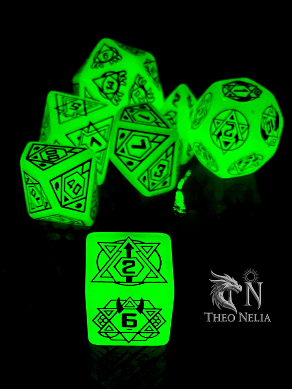 7шт. DnD Дайсы светящиеся в темноте «D Lumine runes»! Подземелья и драконы игральные кости. Кубики для ДнД, атрибуты мастера Theo Nelia.  - Pic n 309209