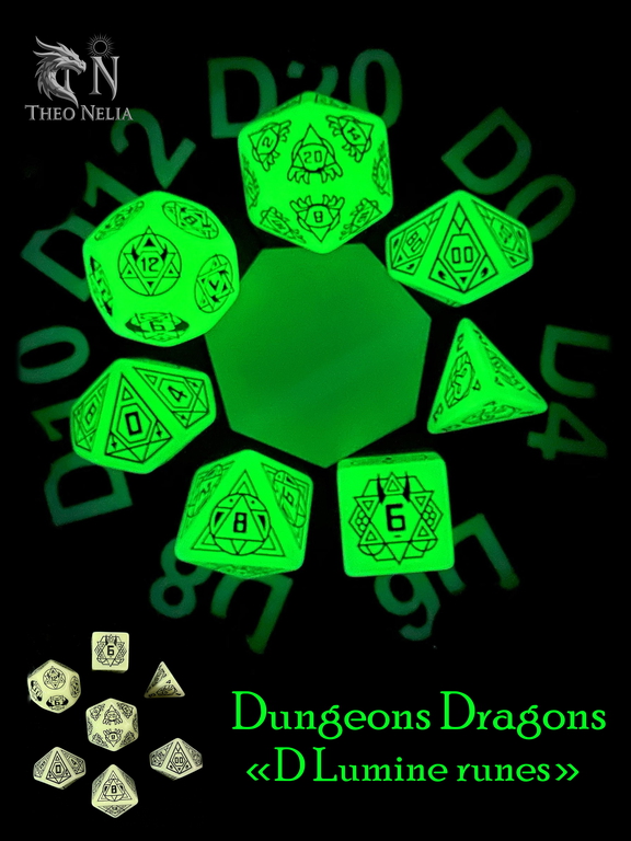 7шт. DnD Дайсы светящиеся в темноте «D Lumine runes»! Подземелья и драконы игральные кости. Кубики для ДнД, атрибуты мастера Theo Nelia.  - Pic n 309209