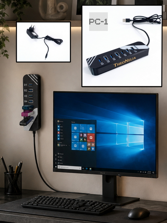USB3.0 Хаб разветвитель на 7 портов с блоком питания 5В/3А. Концентратор HUB используется одновременно для 7 флешек, внешних хардов и для зарядки. - Pic n 309250