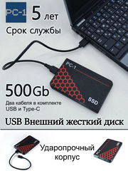 PC-1 USB + Type-C SSD Внешний жесткий диск 500Gb 2.5 дюйма. Быстрый, подходит для Игр. Воткнул в Смартфон, Приставку, Консоль, Ноутбук, ПК работает! У