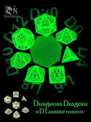 7шт. DnD Дайсы светящиеся в темноте «D Lumine runes»! Подземелья и драконы игральные кости. Кубики для ДнД, атрибуты мастера Theo Nelia. 