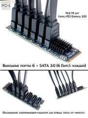 Контроллер M.2 NVMe PCIe 3.0 для подключения 6-ти жестких дисков SATA III SSD/HDD к ПК или Серверу. Адаптер с M.2 на 6SATA драйвера не нужны!  - Pic n 309232